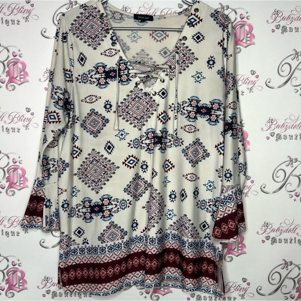 Verve Ami blouse tribal Aztec corset lace up detail front white blue red